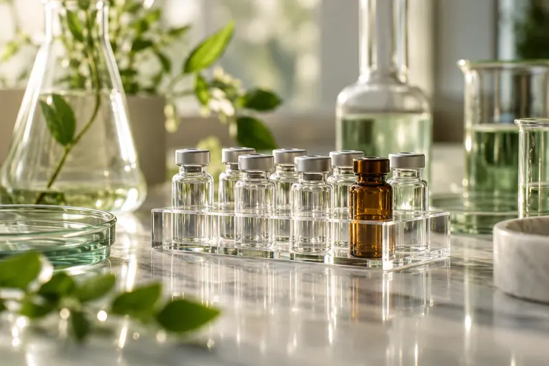 Illustrative glassware on a sunlit laboratory bench