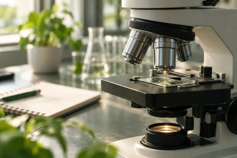 Illustrative microscope and glass slide beside a notebook on a softly lit laboratory bench